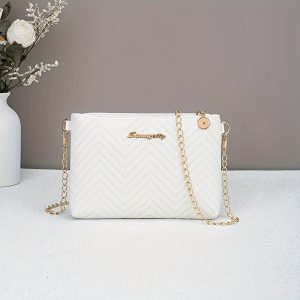 Chic Quilted Crossbody Bag for Women – White/Black Shoulder Purse with Gold Metal Accents, Detachable Chain Strap & Zipper Closure – Lightweight, Durable Travel Handbag