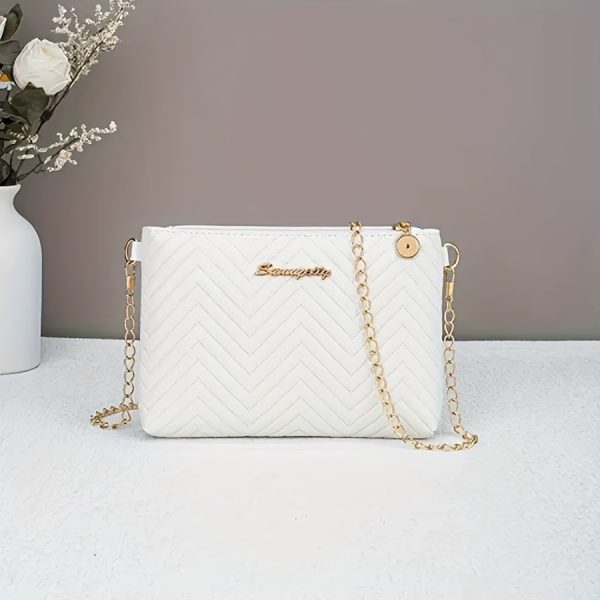 Chic Quilted Crossbody Bag for Women – White/Black Shoulder Purse with Gold Metal Accents, Detachable Chain Strap & Zipper Closure – Lightweight, Durable Travel Handbag