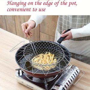1pc Stainless Steel Frying Basket – Foldable Steam, Rinse & Strain Basket for Kitchen – Multi-Purpose Cooking Tool for Fried Food & More