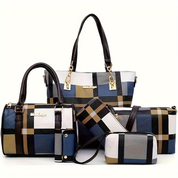 6pcs Set Large Capacity Checkered Shoulder Bag – Includes Handbag, Crossbody Bag, Clutch, Long & Short Wallets – Stylish Multi-Bag Set for Women - Image 5