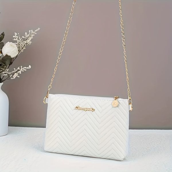 Chic Quilted Crossbody Bag for Women – White/Black Shoulder Purse with Gold Metal Accents, Detachable Chain Strap & Zipper Closure – Lightweight, Durable Travel Handbag - Image 4
