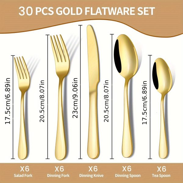 30pcs Elegant Golden Stainless Steel Flatware Set – Includes Steak Knives, Dinner & Dessert Forks, Spoons – Luxury Cutlery for Home & Events - Image 6