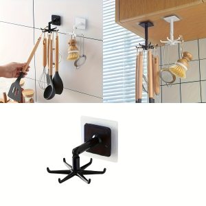 Easy-Install 360° Rotating Pot Rack – No-Drill Wall-Mounted Expandable Utensil Holder, Black Plastic Kitchen Organiser