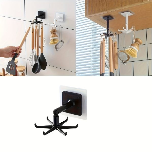 Easy-Install 360° Rotating Pot Rack – No-Drill Wall-Mounted Expandable Utensil Holder, Black Plastic Kitchen Organiser