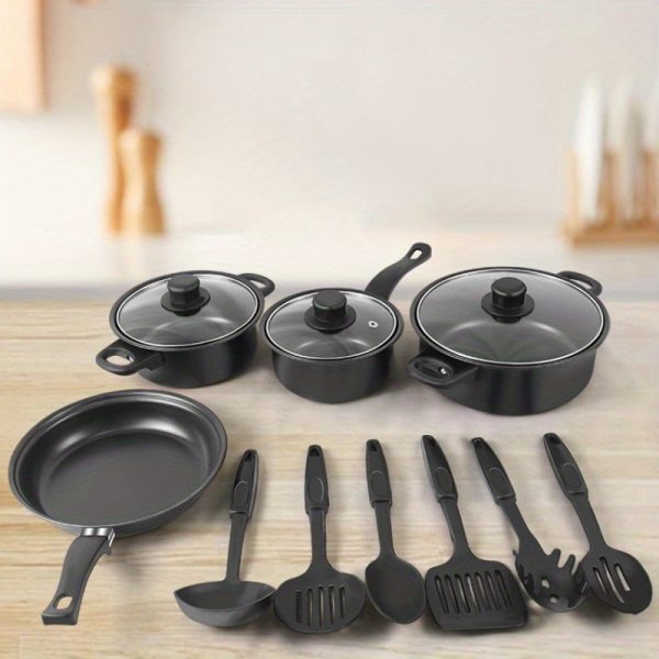 13pcs Iron Cookware & Spatula Set – Includes Non-Stick Frying Pan, Soup Pot, Milk Pan & Utensils – Durable Non-Stick Kitchen Set for Everyday Cooking - Image 4