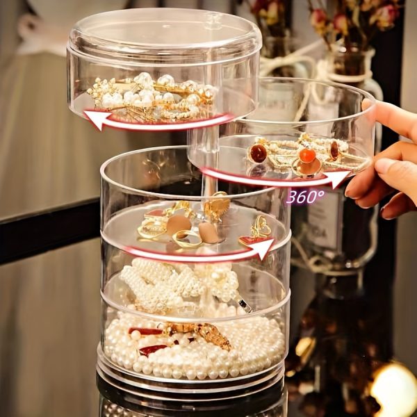 Large-Capacity 5-Layer Jewellery Organiser – Transparent Rotating Storage Box with Dust-Proof Lid for Earrings, Rings & Accessories - Image 5