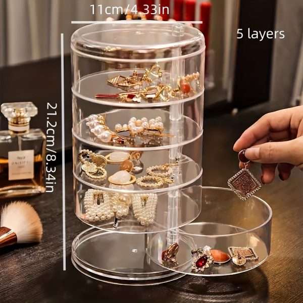 Large-Capacity 5-Layer Jewellery Organiser – Transparent Rotating Storage Box with Dust-Proof Lid for Earrings, Rings & Accessories - Image 2