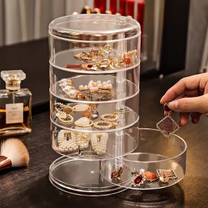 Large-Capacity 5-Layer Jewellery Organiser – Transparent Rotating Storage Box with Dust-Proof Lid for Earrings, Rings & Accessories