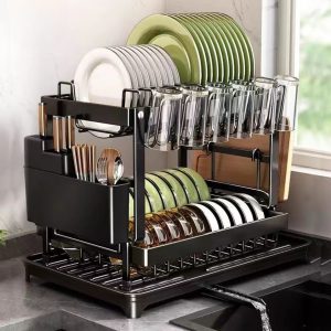 2-Tier Black Stainless Steel Dish Drying Rack – Space-Saving Kitchen Counter Organiser with Rotating Drain, Adjustable Utensil, Cup & Cutting Board Holders – Durable Modern Plate & Bowl Storage Rack