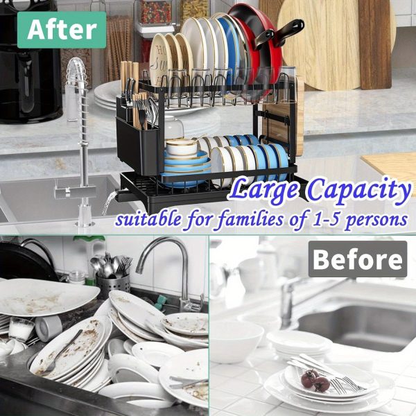 2-Tier Black Stainless Steel Dish Drying Rack – Space-Saving Kitchen Counter Organiser with Rotating Drain, Adjustable Utensil, Cup & Cutting Board Holders – Durable Modern Plate & Bowl Storage Rack - Image 5