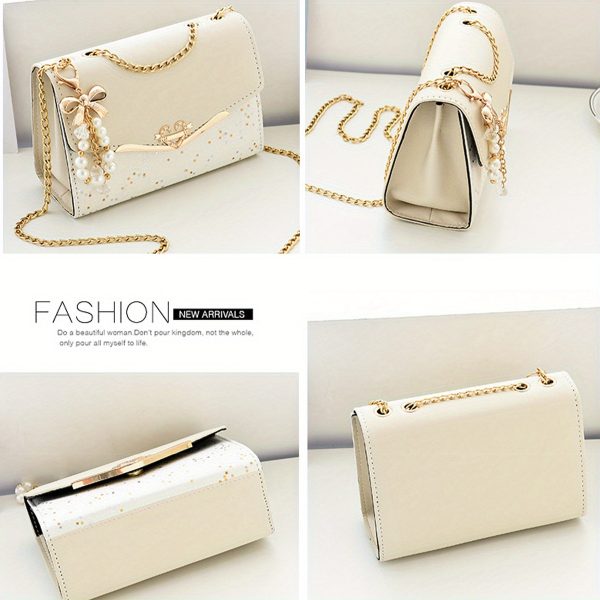 Women’s White Crossbody Bag with Gold Chain Strap & Bow Charm – Lightweight Clutch Purse with Tassel Detail – Ideal Gift for Christmas, Birthdays & Holidays - Image 12