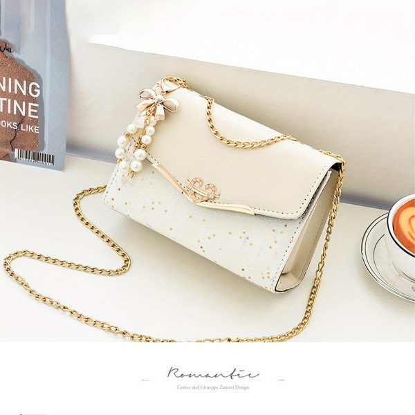Women’s White Crossbody Bag with Gold Chain Strap & Bow Charm – Lightweight Clutch Purse with Tassel Detail – Ideal Gift for Christmas, Birthdays & Holidays - Image 14