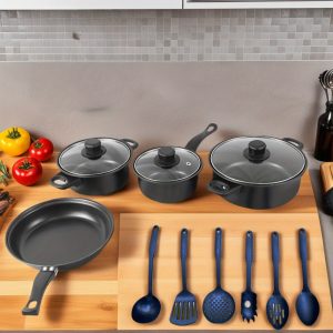 13pcs Iron Cookware & Spatula Set – Includes Non-Stick Frying Pan, Soup Pot, Milk Pan & Utensils – Durable Non-Stick Kitchen Set for Everyday Cooking