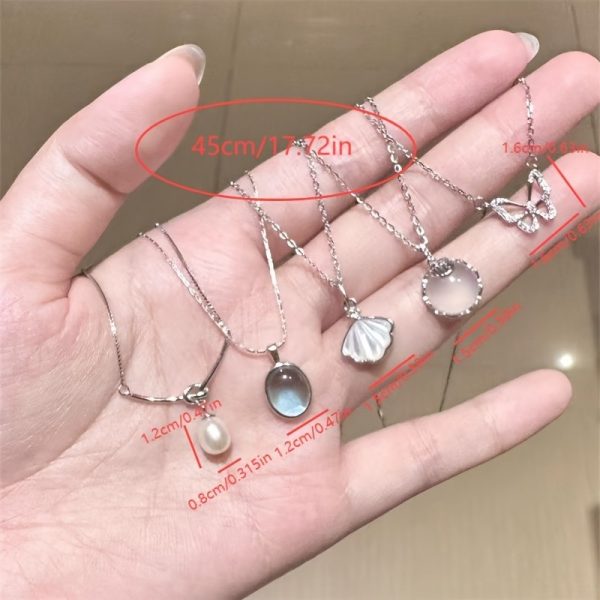 5pcs Imitation Moonstone Jewellery Set – Vintage Bohemian Style Alloy Pendant Necklace, Rings & Earrings for Women - Image 2
