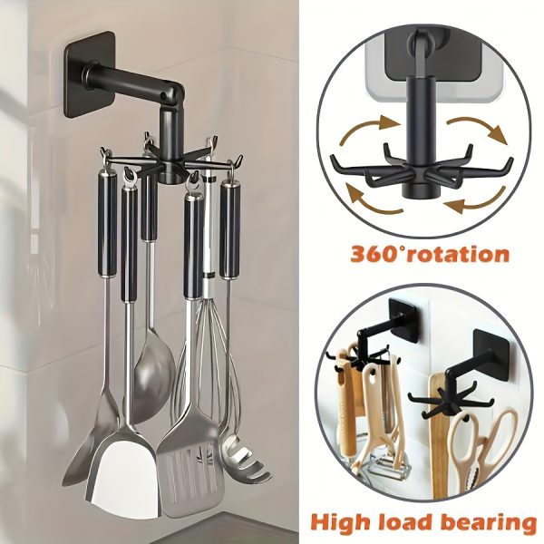 Easy-Install 360° Rotating Pot Rack – No-Drill Wall-Mounted Expandable Utensil Holder, Black Plastic Kitchen Organiser - Image 7