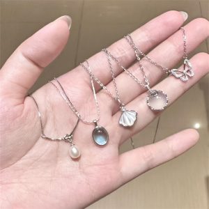 5pcs Imitation Moonstone Jewellery Set – Vintage Bohemian Style Alloy Pendant Necklace, Rings & Earrings for Women